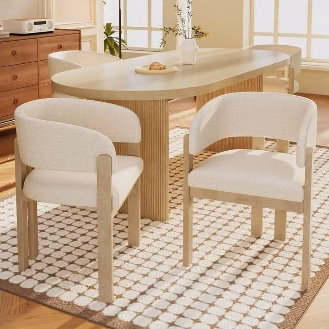 BTM Set of 2 Modern Solid Wood Dining Chairs with Bouclé Fabric in Natural Beige – 1