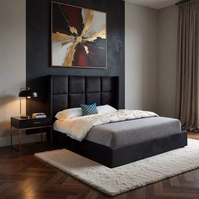 Casani Robertsbridge Modern Upholstered King Size Bed Frame in Black Soft Velvet, W/D/H: 180 x 137 x 159 cm – 1