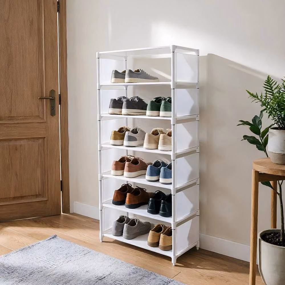 KORVIXA White 7-Tier Narrow Shoe Rack with Adjustable Shelves, W: 42.2 cm, D: 25.7 cm, H: 105.7 cm – 2