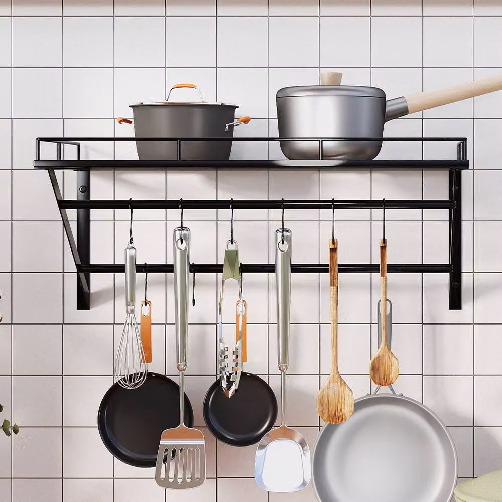 Toque Black Wall Mounted Pot and Pan Rack with 12 Hooks and Hanging Rod – 2