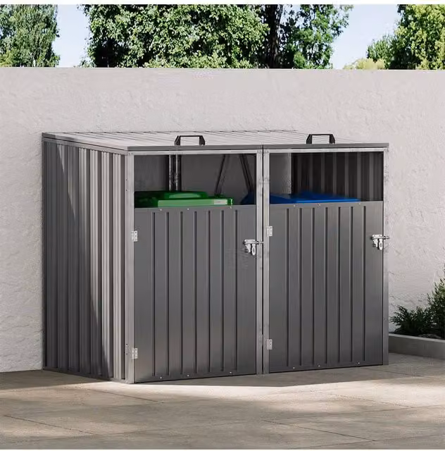 Living and Home Lockable Double Outdoor Trash Bin Shed in Grey Steel
