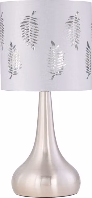 First Choice Lighting Romana Touch Table Lamp in Brushed Chrome with White Fabric Shade – 1