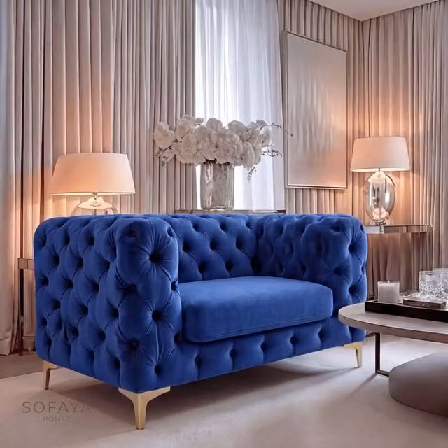 Sofaya Monaco Chesterfield Velvet Armchair in Blue
