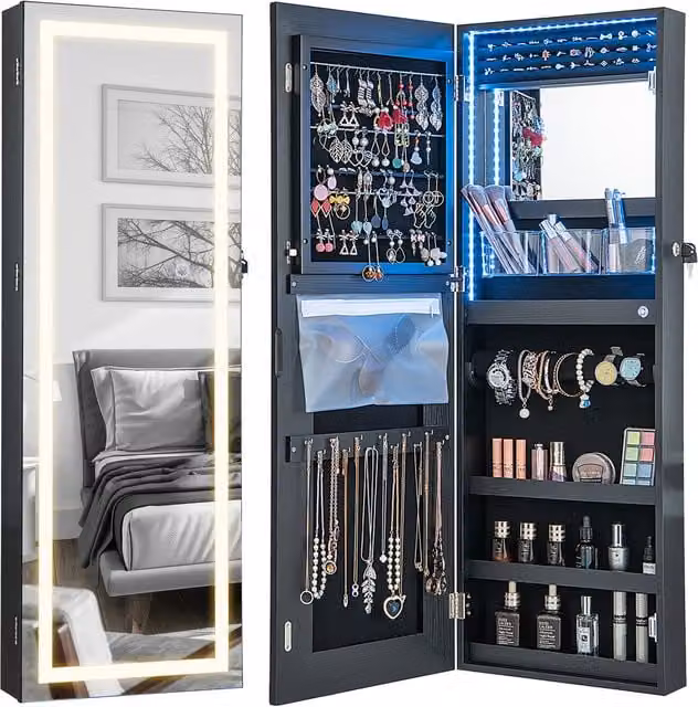 COSTWAY Modern Black Jewellery Mirror Cabinet with Integrated LED Lighting and Glass Hinged Doors