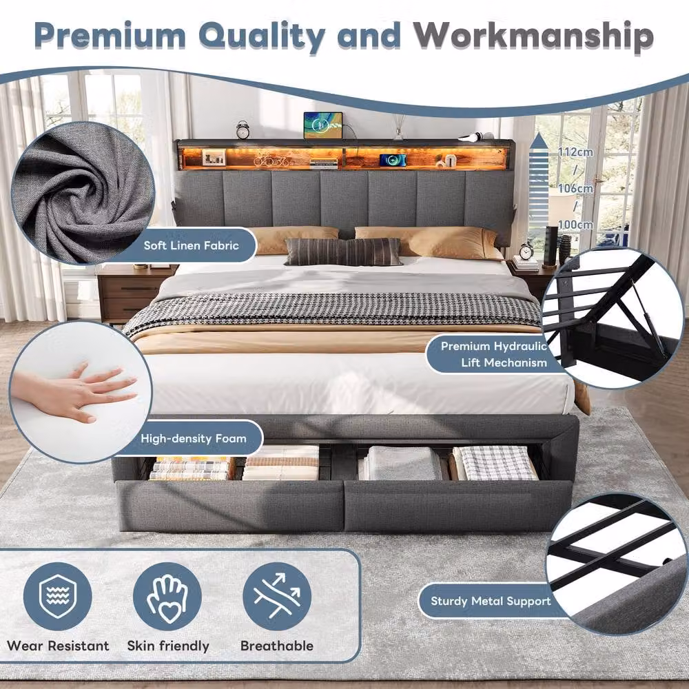 ModernLuxe King Upholstered Ottoman Bed in Grey with Drawers, LED Storage Headboard, USB Charging Ports and Bedside Shelves, W/D/H: 180 x 200 cm – 5