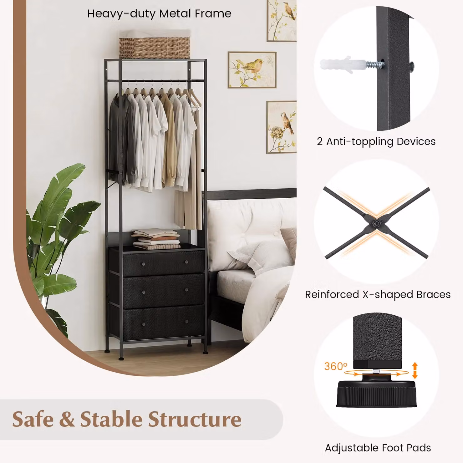 Gymax Freestanding Clothes Rack Closet Organiser with Drawers in Matt Black – 7