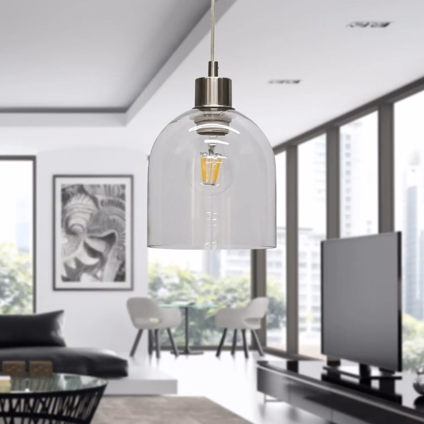 First Choice Lighting Belten Transparent Glass Cloche Pendant Light with Silver Satin Nickel Fitting – 3