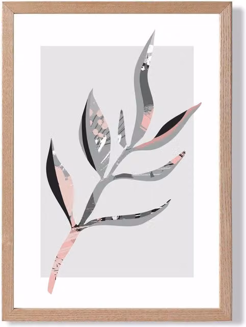ARTZE Papyrus Leaf Grey and Pink Boho Botanical Framed Print with Oak Wood Frame