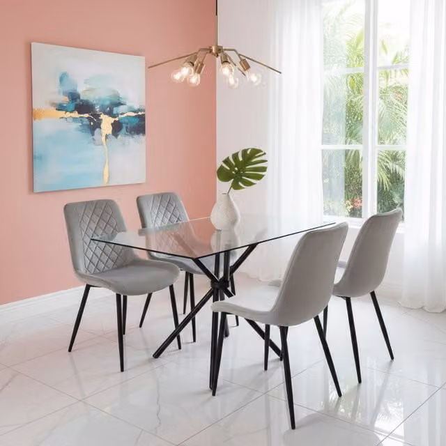 Madefor.living Miami Dining Table with 4 Amelia Grey Velvet Chairs and Glass Top