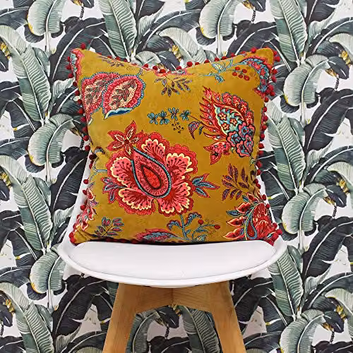 Riva Home Malisa Square Paisley Print Cushion in Yellow and Pink with Pompom Edges, W/D/H: 50 x 50 x 50 cm – 2