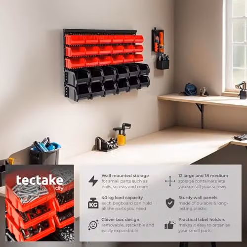 tectake 31 Piece Wall-Mounted Storage Organiser with Pegboard and 30 Stackable Plastic Bins in Black and Red – 2