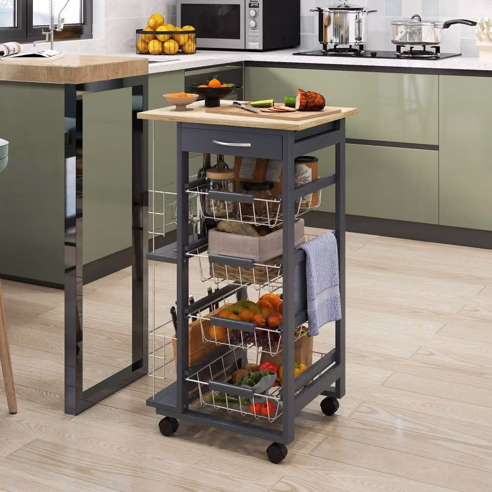 Wyld Haus Nerake Grey Rolling Kitchen Cart with 4 Metal Basket Drawers and Side Racks, H 83 cm x W 47 cm x D 37 cm – 3