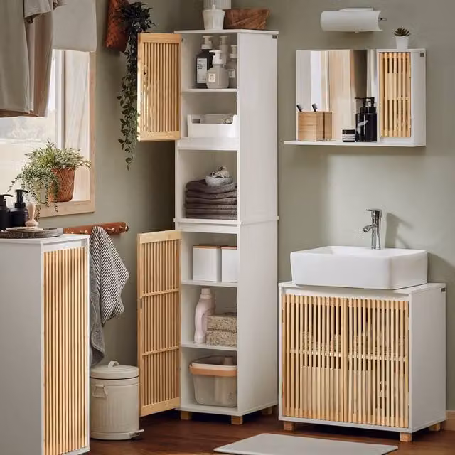 SoBuy Slim White Bathroom Tall Cabinet with Bamboo Hinged Doors and Internal Shelves – 1
