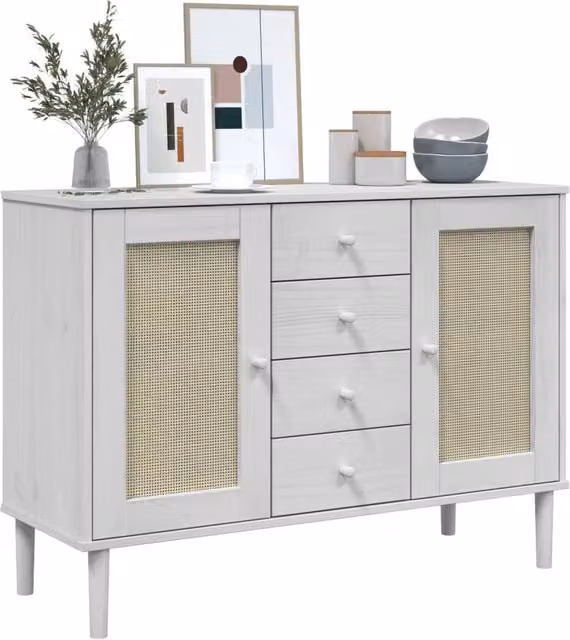 Berkfield Home SENJA Sideboard in White Rattan Look, Solid Pine Wood, W/D/H: 112 x 40 x 80 cm