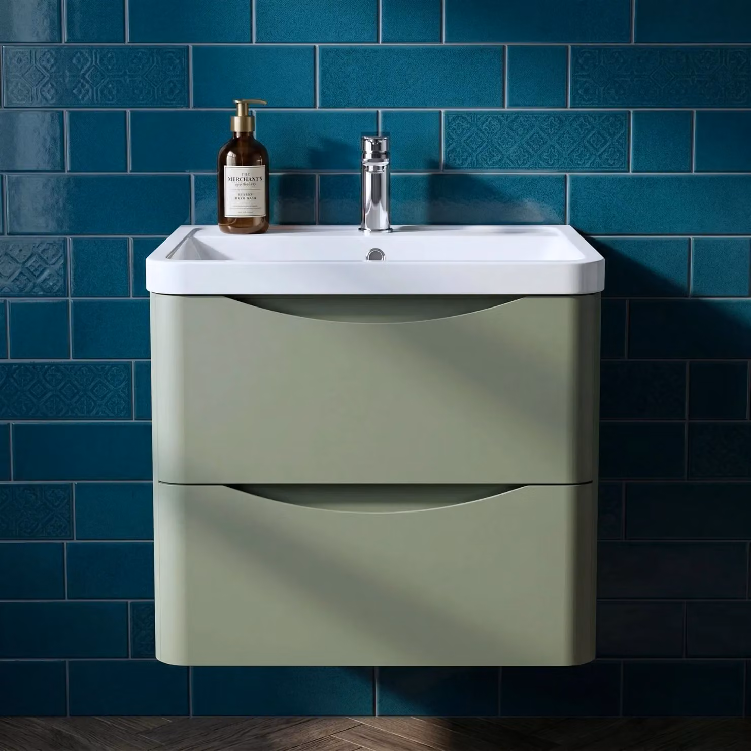 Balterley Wall Hung 2 Drawer Bathroom Vanity Unit and Basin in Satin Green – 4