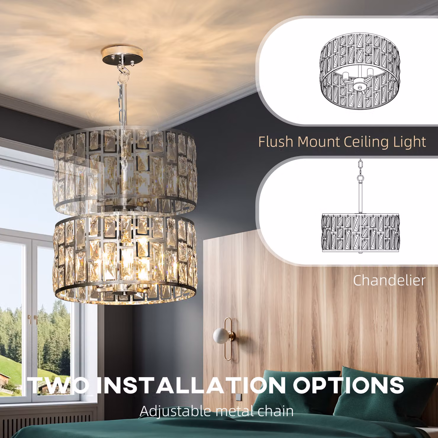 HOMCOM Silver-Tone Glass and Metal Crystallite Chandelier with Height Adjustment – 4
