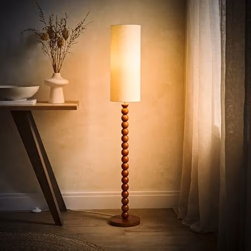 ValueLights Wyatt Bobbin Floor Lamp with Natural Linen Shade and LED Bulb in Brown and Beige – 2