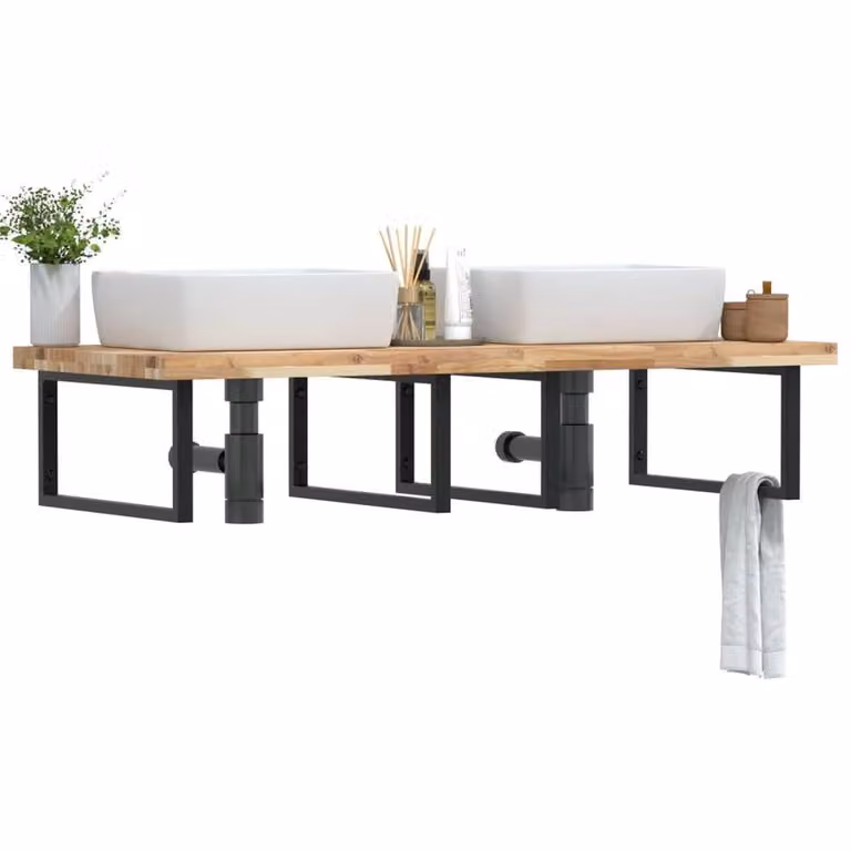 Berkfield Home Wall Mounted Basin Shelf in Brown Steel and Solid Acacia Wood