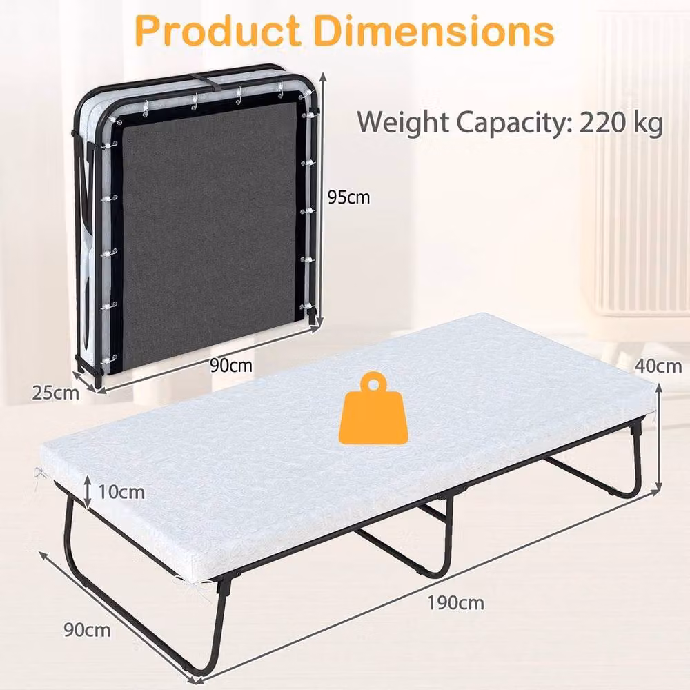 NESTLUNE Black Folding Frame Single Guest Bed with Foam Mattress, W/D/H: 90 x 190 cm – 2