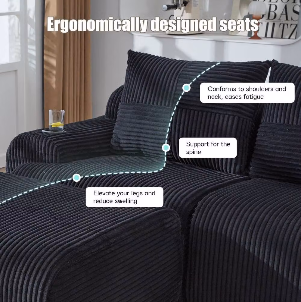 STILVORA 3-Seater Modular L-Shape Sofa with Cup Holders in Black – 5