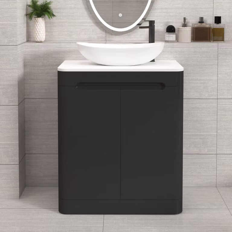 Royal Bathrooms Venice 700mm Floor Standing 2 Door Vanity Unit in Matt Nocturne Black with Plain White Worktop and Cesar Basin