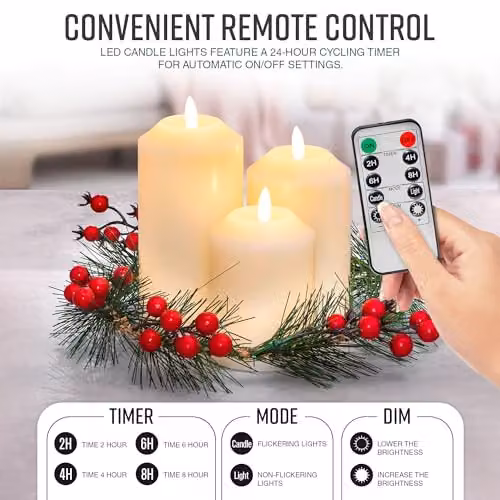 Globrite 3-Pack Flickering Flameless LED Candles with Berry Wreath Christmas Decorations in Beige, White and Multicolour – 4