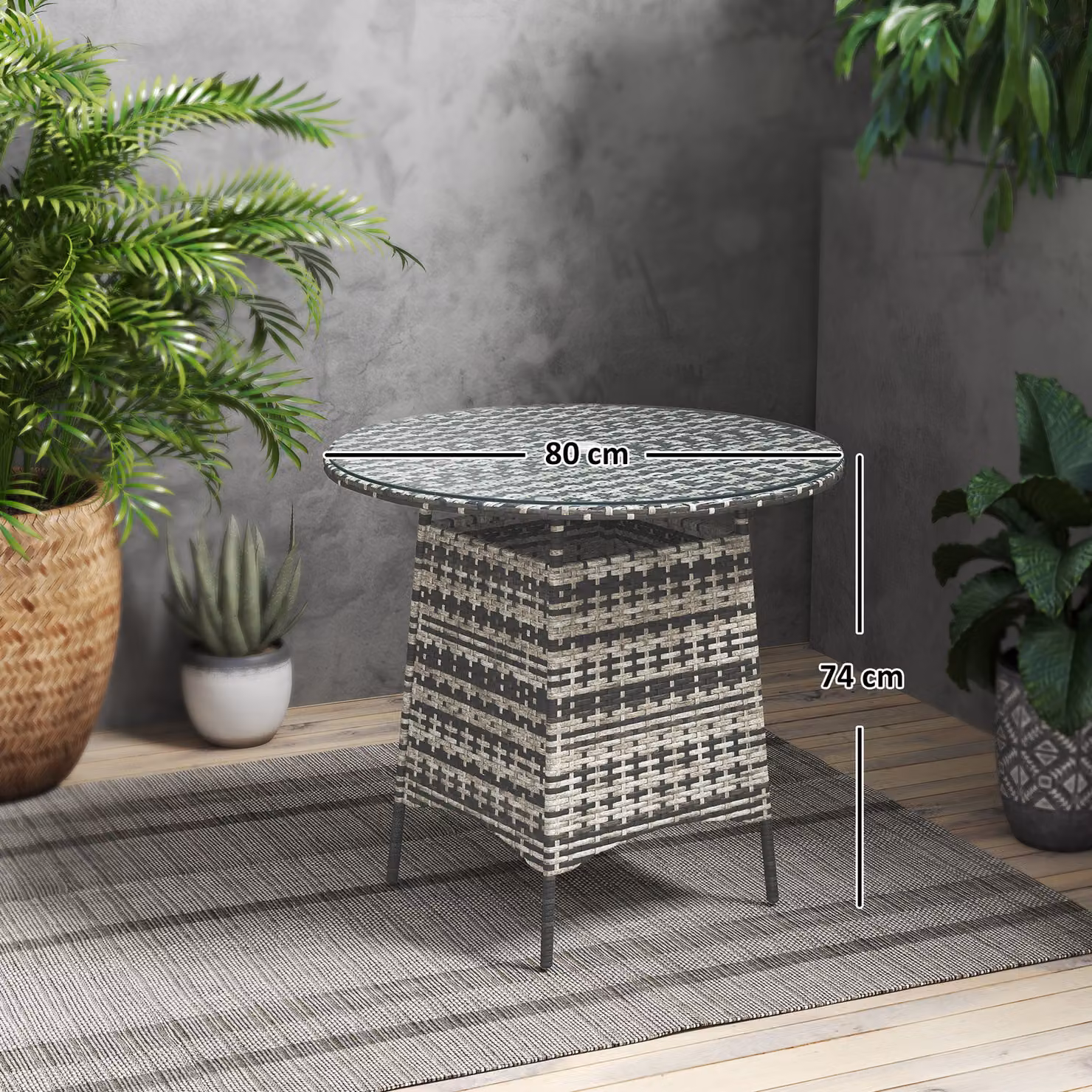 Outsunny Grey Wicker Rattan Garden Coffee Table with Tempered Glass Top and Umbrella Hole, W/D/H: 74 x 80 x 0 cm – 3