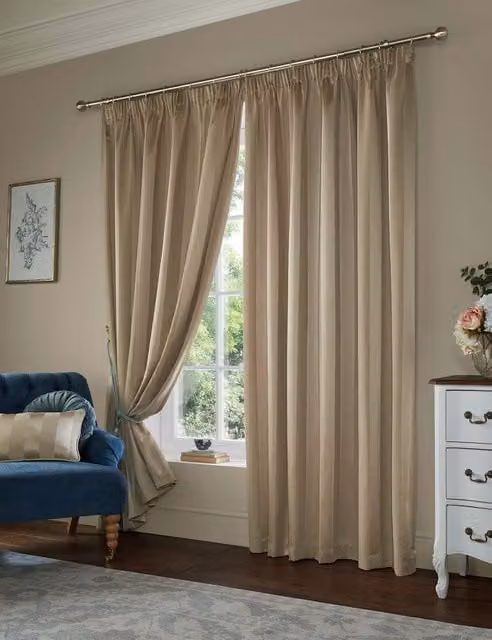 Laura Ashley Lille Striped Pencil Pleat Fabric Curtains, Beige, H 229 cm x W 183 cm