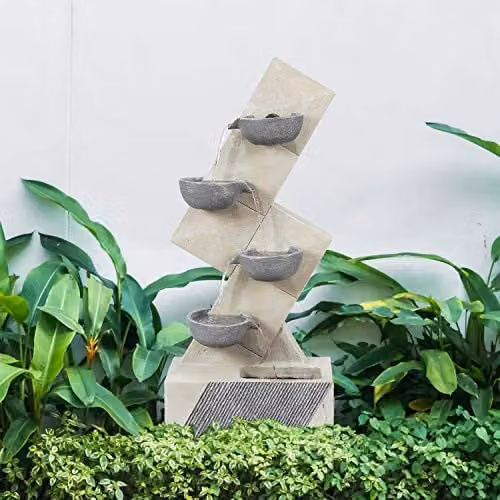 GardenKraft Four Bowls Cascading Water Feature, White Plastic and Stone, W/D/H: 99.5 x 42.5 x 23.5 cm – 1