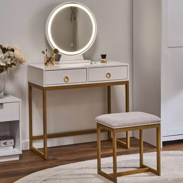 Wyld and Coco Dressing Table in White and Gold with LED Mirror and 4 Drawers – 1
