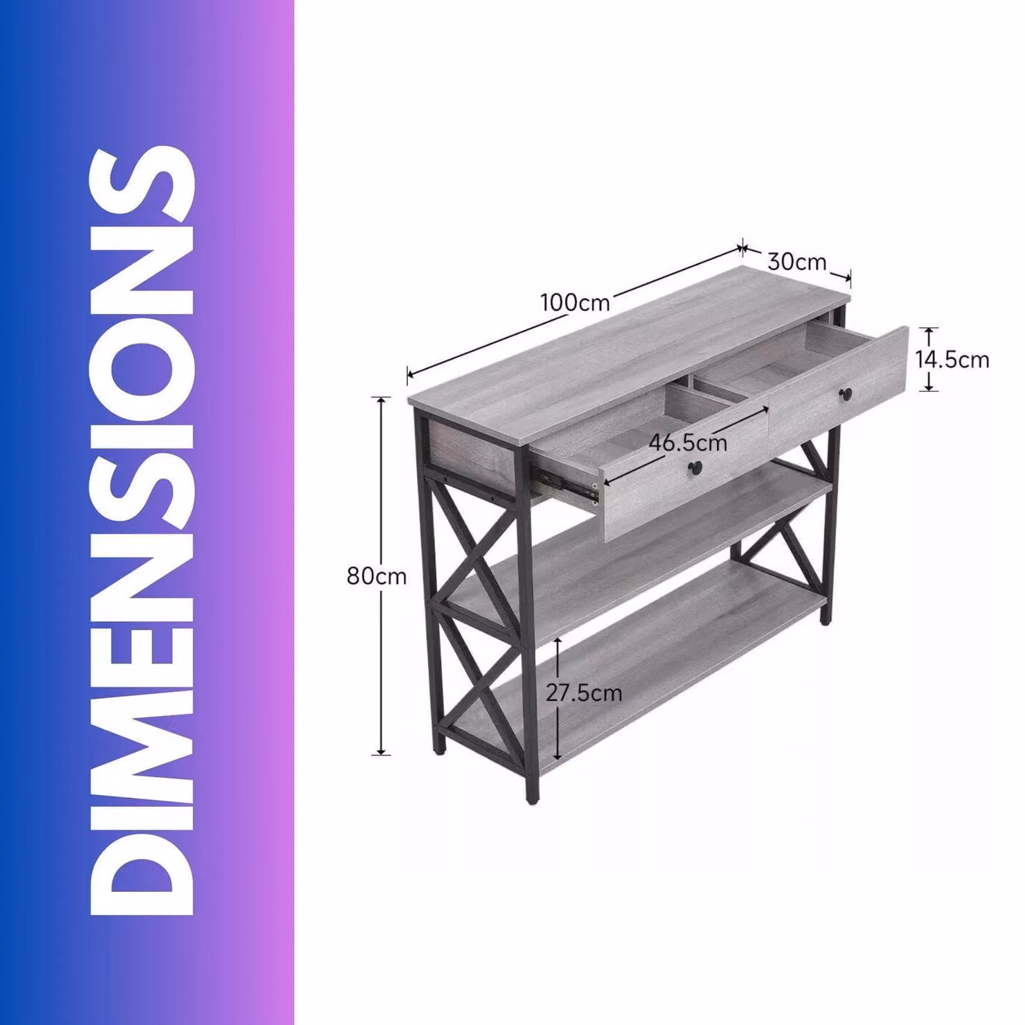 FURNOS 3 Tier Industrial Console Table with 2 Drawers and Storage Shelves in Grey – 2