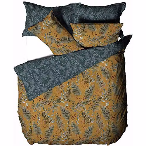 Riva Home Reversible Jungle Print Polycotton Duvet Cover and Pillowcase Set in Yellow and Petrol, W: 140 cm, L: 200 cm – 1