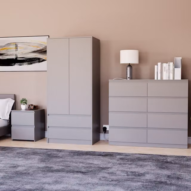 Vida Designs Denver Bedroom Set in Grey Matt Finish including 2 Drawer Bedside, 8 Drawer Chest and 2 Door 2 Drawer Wardrobe