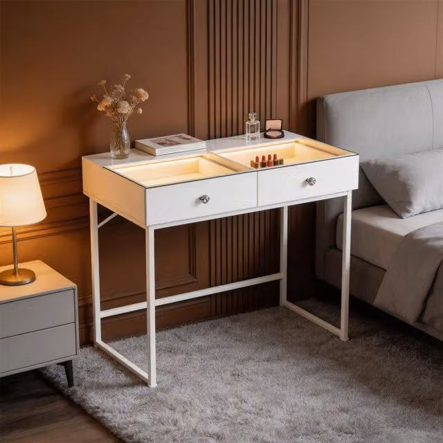 VANITII GLOBAL Hollywood LED Dressing Table with 2 Drawers and Glass Top in White
