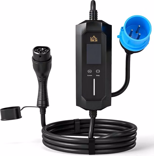 HOMCOM 7kW Type 2 Electric Car Charger with CEE 32A Plug, UK Adapter and 10 m Cable, Black