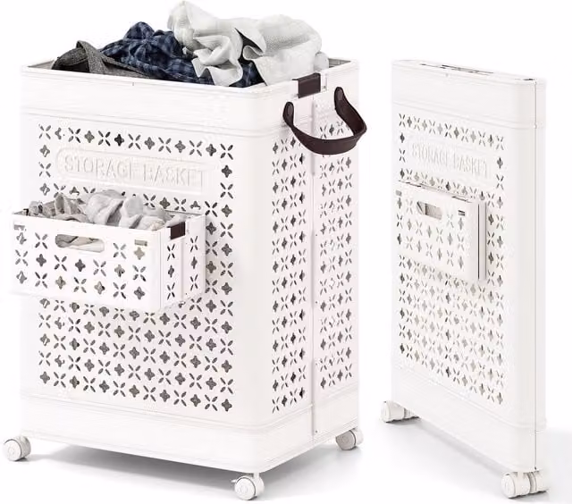 Gymax Collapsible 75 L Laundry Basket with Handles in White