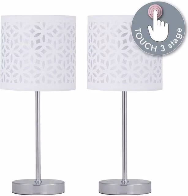 First Choice Lighting Set of 2 Chrome Touch Operated Dimmable Table Lamps with White Fabric Cylinder Shades – 1
