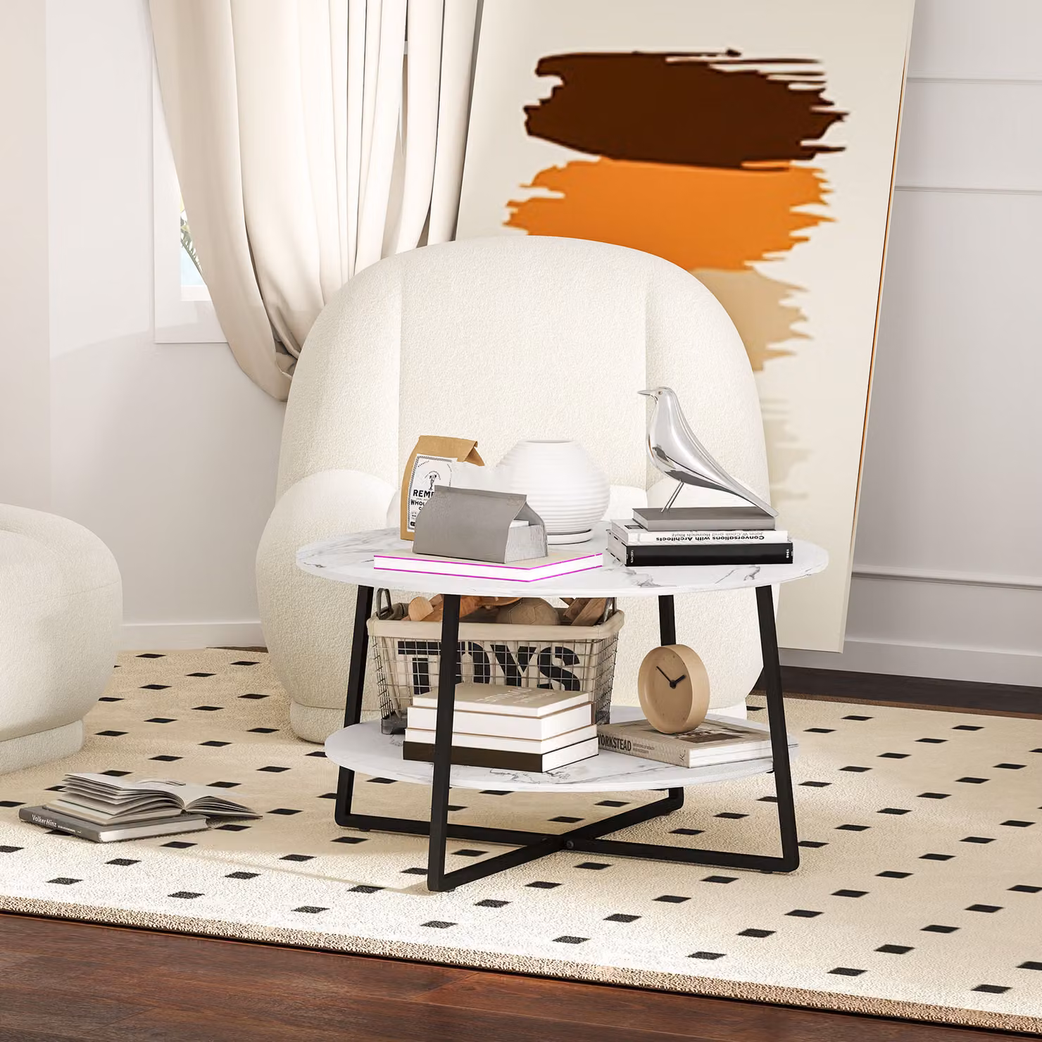 HOMCOM 2-Tier Round Coffee Table with Marble Effect Top and Storage Shelf in White – 4