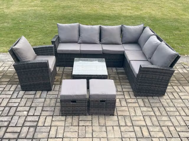 Fimous 9 Seater Wicker PE Outdoor Garden Furniture Set in Dark Grey with High Back Rattan Corner Sofa, Chairs, 2 Small Footstools and Square Coffee Table
