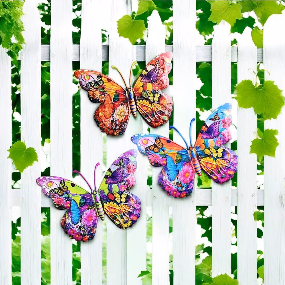 Quipulse 3-Piece Multicolour Metal Butterfly and Floral Outdoor Wall Hanging Decor, Size: 15 cm – 3