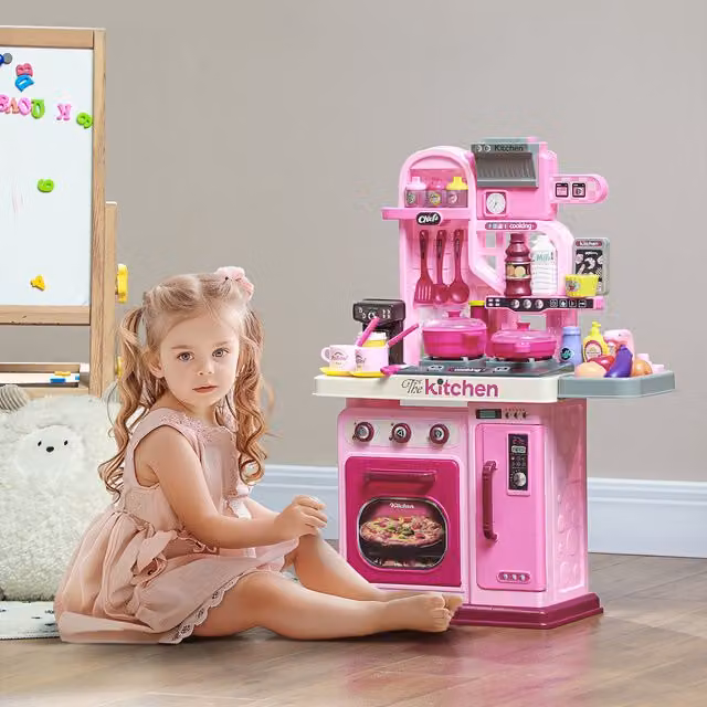 AIYAPLAY Kids Kitchen with 33 Accessories, Lights and Sounds in Pink