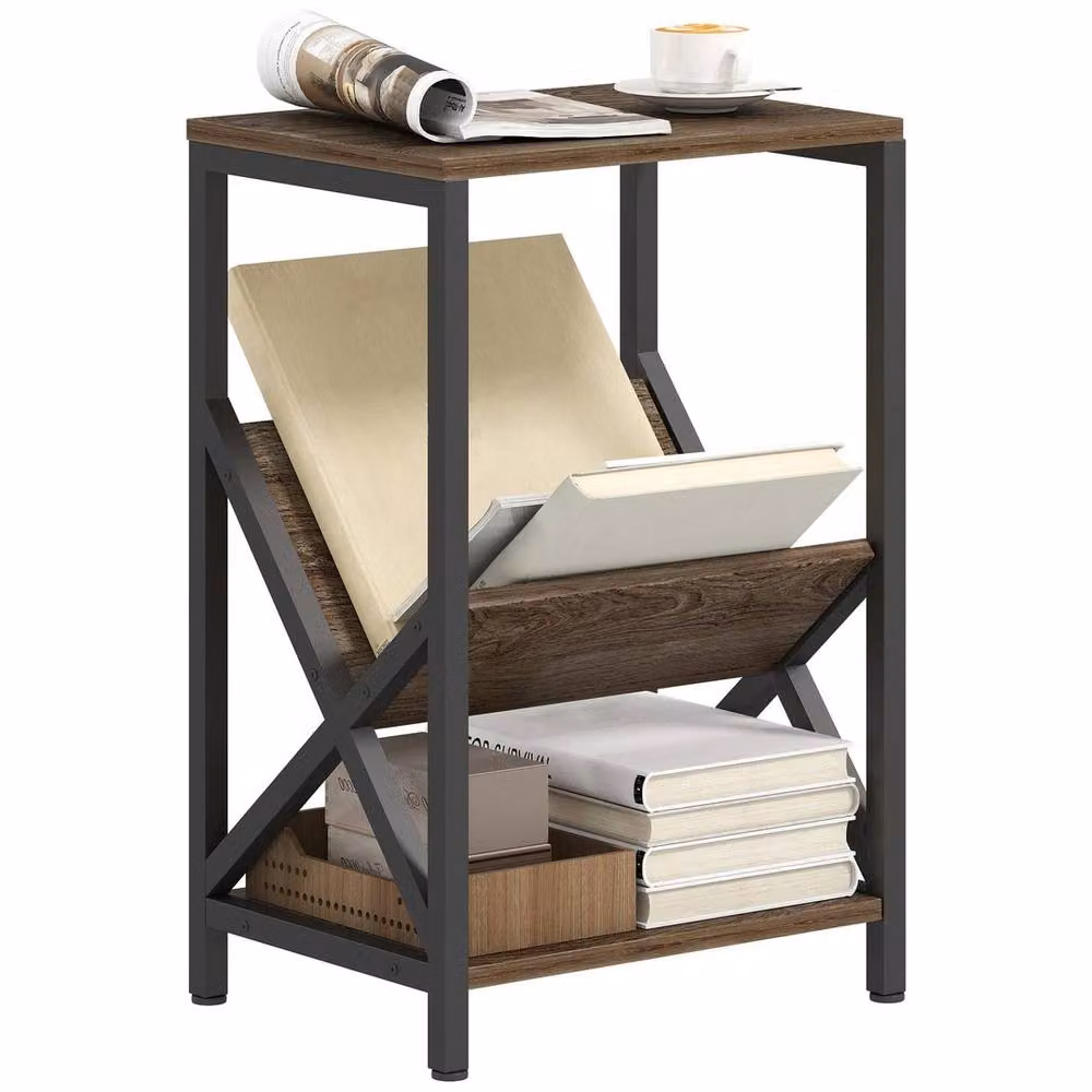 FORGEVIO Industrial Slim 3-Tier Narrow Side Table with X-Frame in Black and Brown – 4