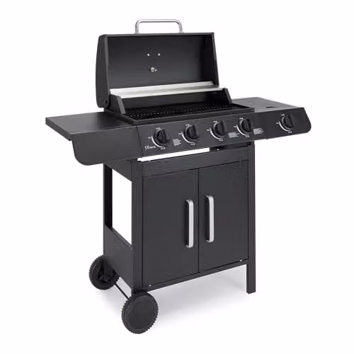 VonHaus Black Gas BBQ with 4+1 Burners, Side Burner, Warming Rack, Thermometer and Storage Cart – 1