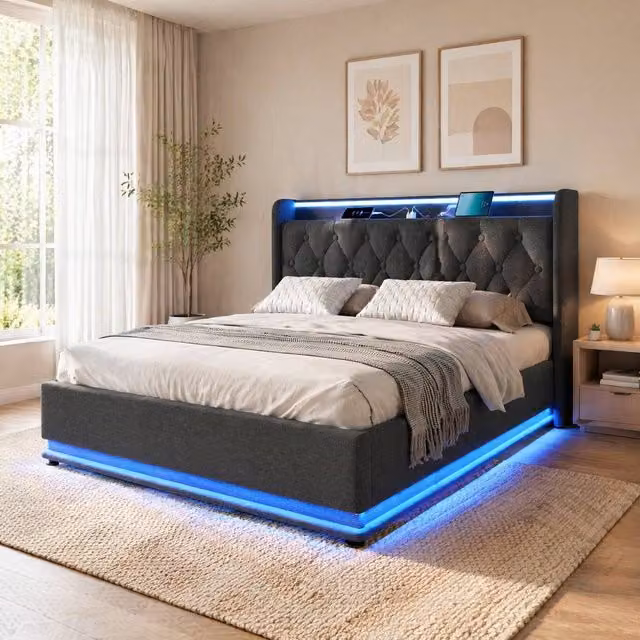 STILVORA Grey Upholstered Double Ottoman Bed with Storage, USB Charging Port and Bedside Shelf, W/D/H: 135 x 190 x 104 cm – 1