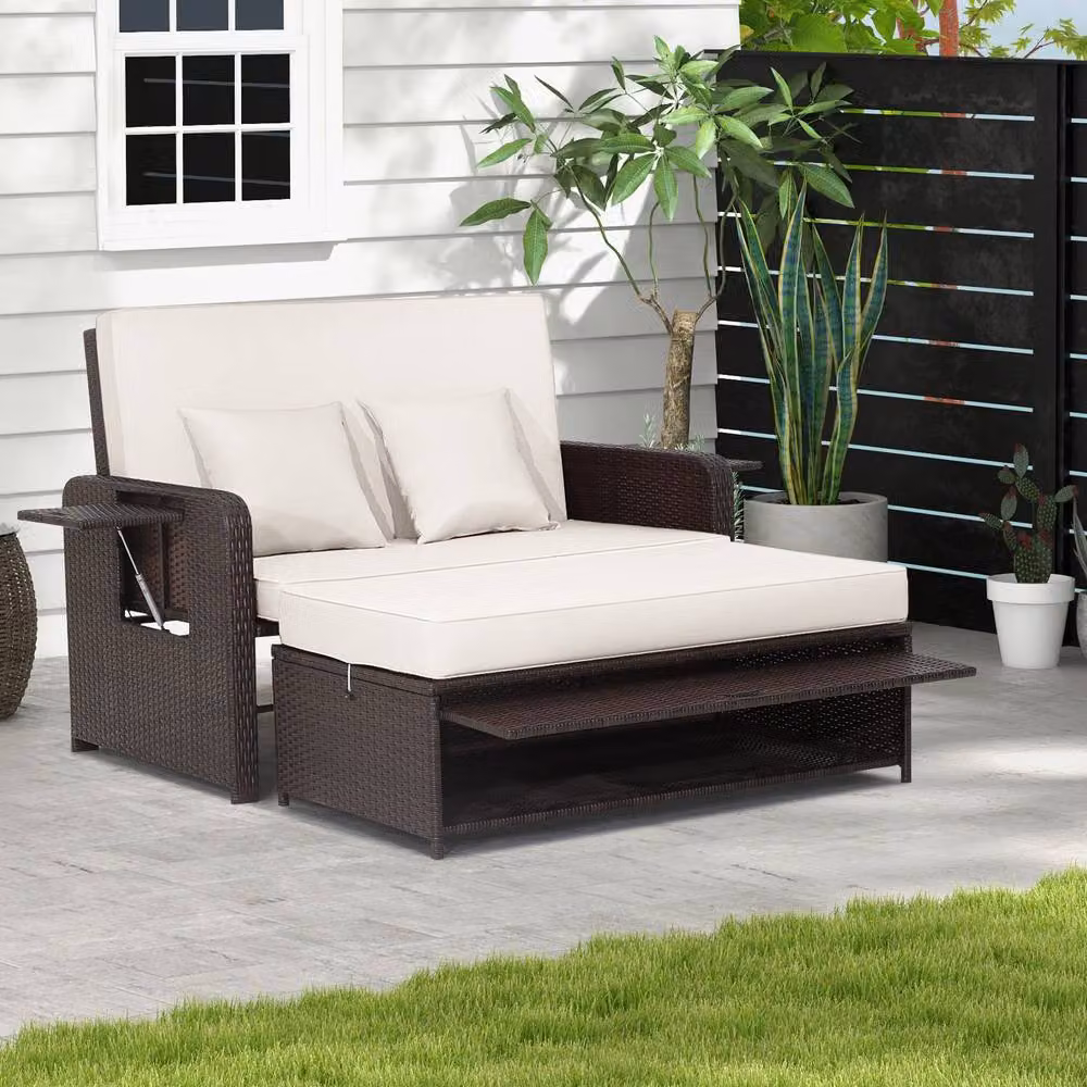Costway White Polyrattan Patio Daybed Set with Loveseat Sofa, Ottoman and Side Tray – 5