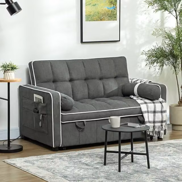 HOMCOM 2 Seater Upholstered Fabric Sofa Bed with Sleeping Function in Grey