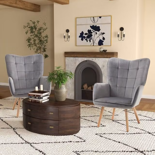 HOMCOM Set of 2 Modern Velvet Tufted Wingback Armchairs in Grey with Wood Legs, W/D/H: 71.0 x 76.0 x 101.0 cm