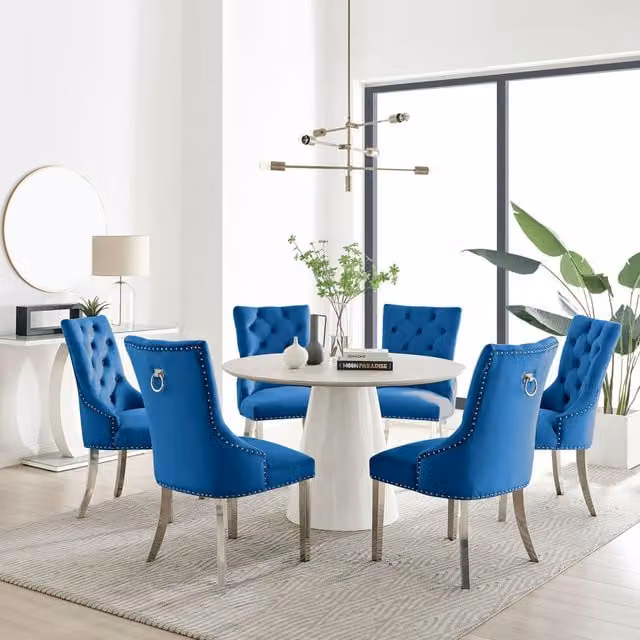 FurnitureboxUK Palma Beige Stone Effect Round Dining Table and 6 Belgravia Blue Chairs