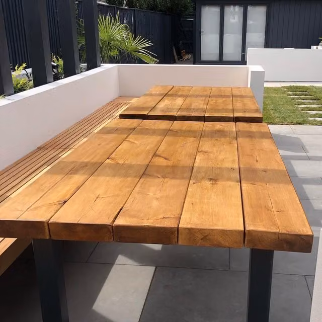 TRL Handmade Furniture Rustic Brown and Black Outdoor Chunky Slatted Garden Table