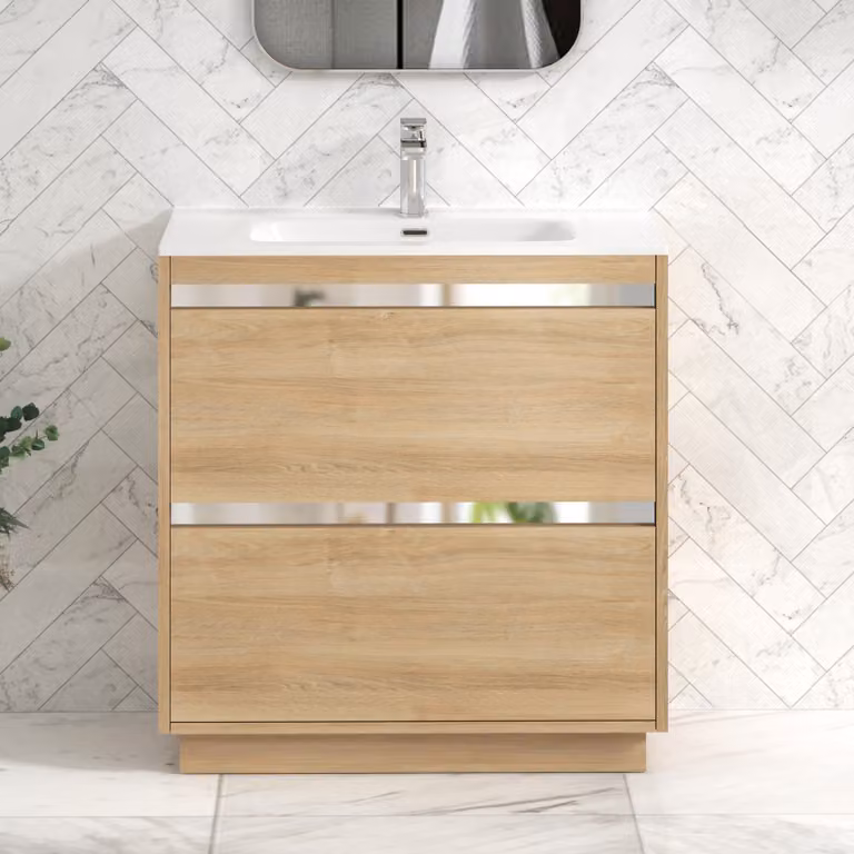 Royal Bathrooms Orion 800mm Natural Oak 2 Drawer Floor Standing Vanity Unit with Ceramic Basin and Chrome Accent Trim